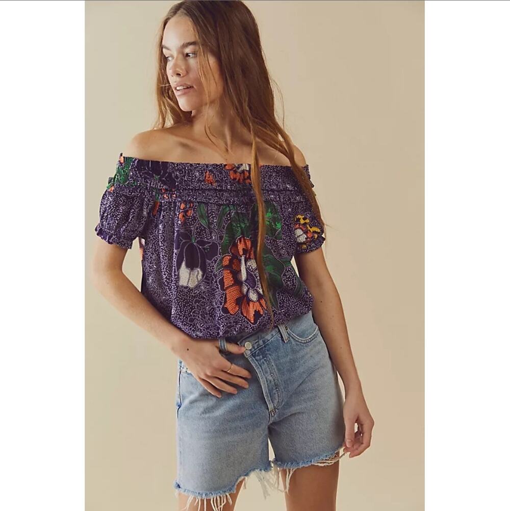 Free People FP One Suki Blouse Purple Floral Ruched Top Women's Large